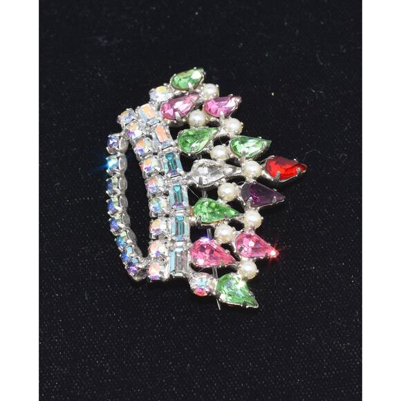 Vintage B. David Aurora Borealis, Peridot, Ruby Rhinestone Crown Brooch Signed - Picture 3 of 6